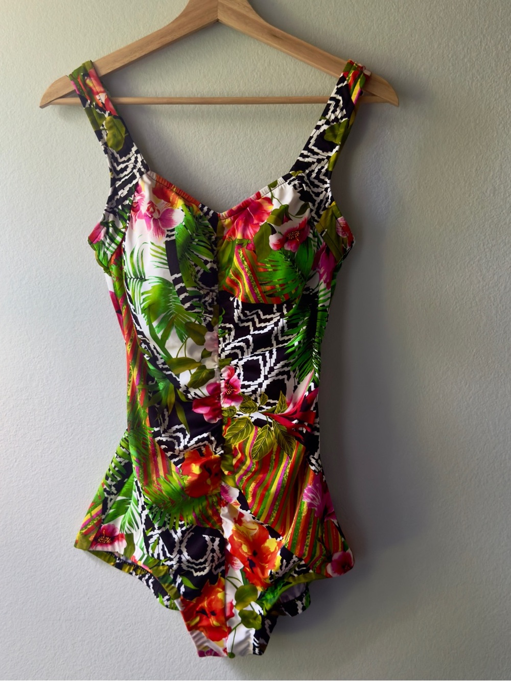Rose Marie Reid Tropical Floral Geometric One Piece Swimsuit Swim Dress Small